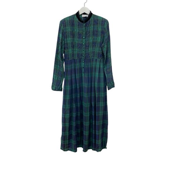 Vintage 90s Women's Sz 8 Green Blue Plaid Embroidered Beaded Winter Maxi Dress - Picture 1 of 8